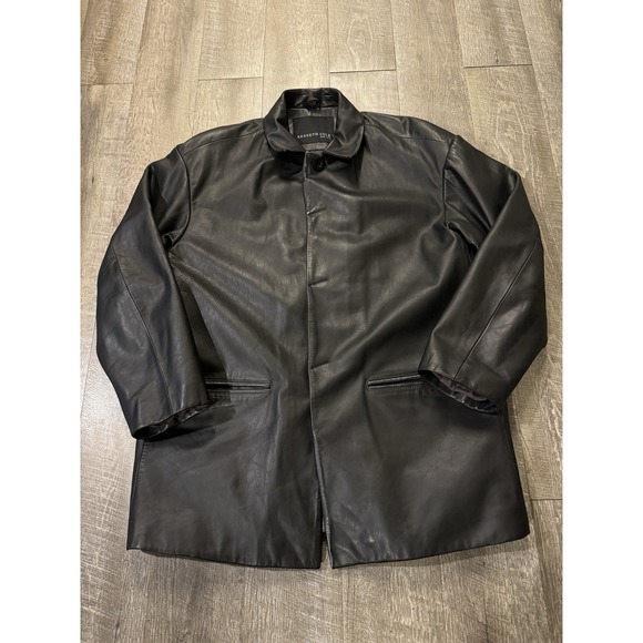 Men's Size Large Kenneth Cole New York Leather Jacket Black Long Button Up Clean - Picture 1 of 9